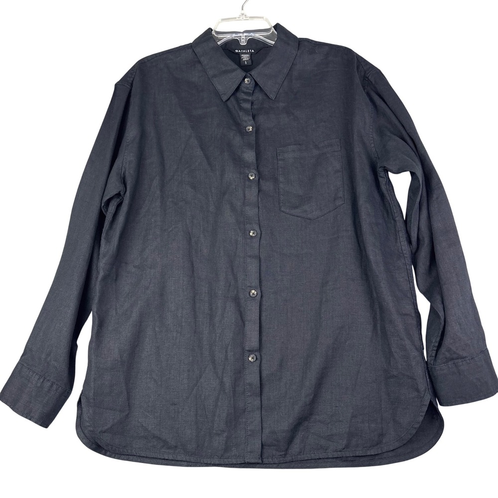 Athleta L Black Retreat 100% Linen Button Down Shirt Long Sleeve Relaxed Coastal